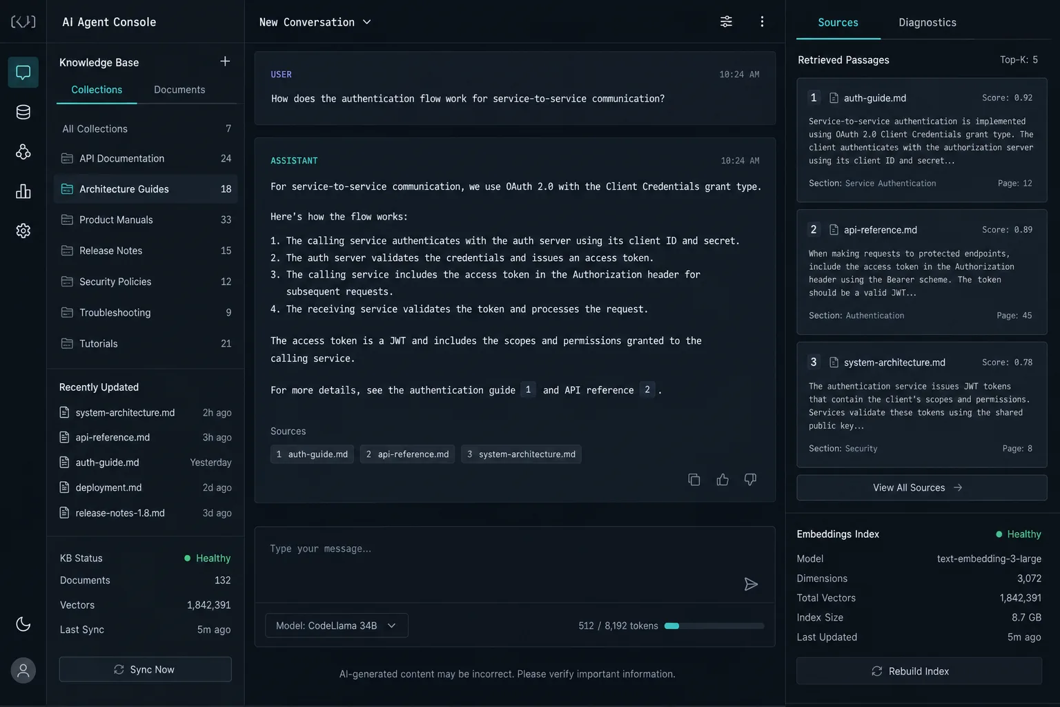 Mockup of an AI agent console with RAG: chat with source citations, knowledge base and embeddings index.