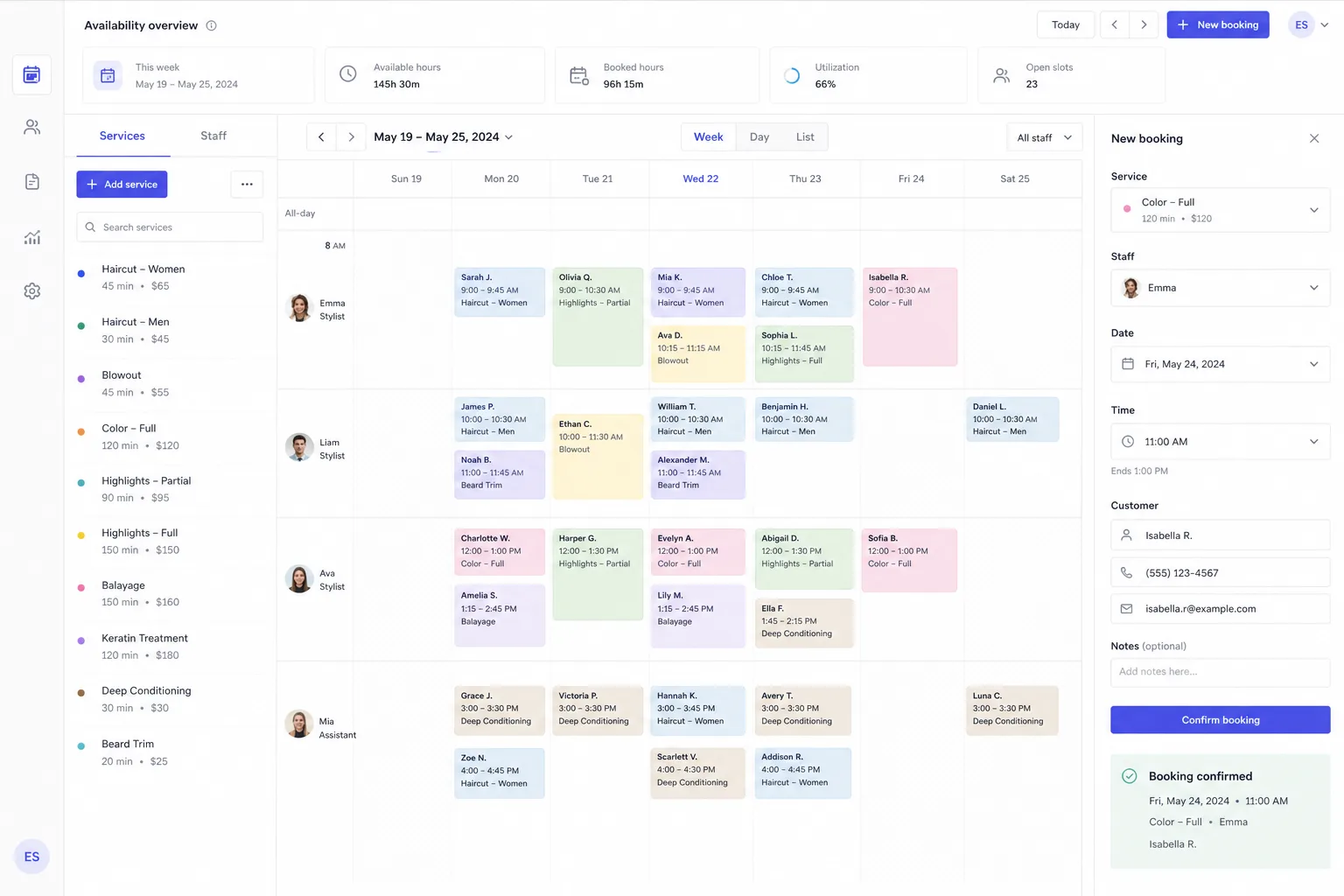 Mockup of a booking and scheduling app with a weekly calendar, services, staff and a booking form.