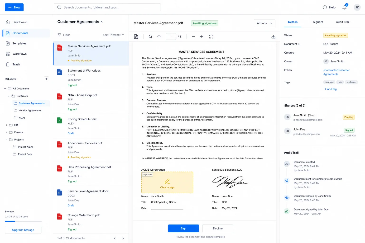 Mockup of a document management and e-signature app with a folder tree, document preview, signature field and audit trail.