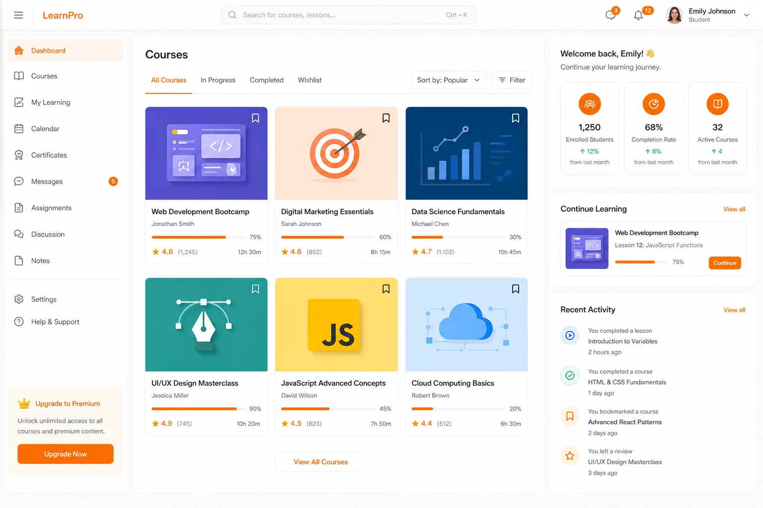 Mockup of an e-learning platform with a course catalog, progress, ratings and a student dashboard.