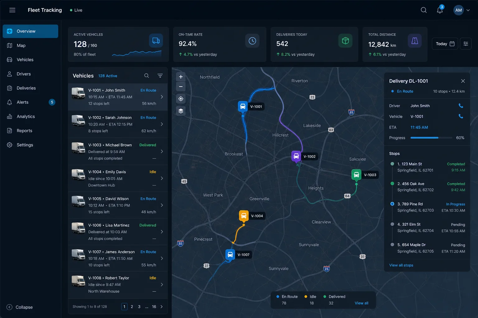 Mockup of a logistics and fleet tracking app with a live map, vehicles en route, ETAs and delivery status.