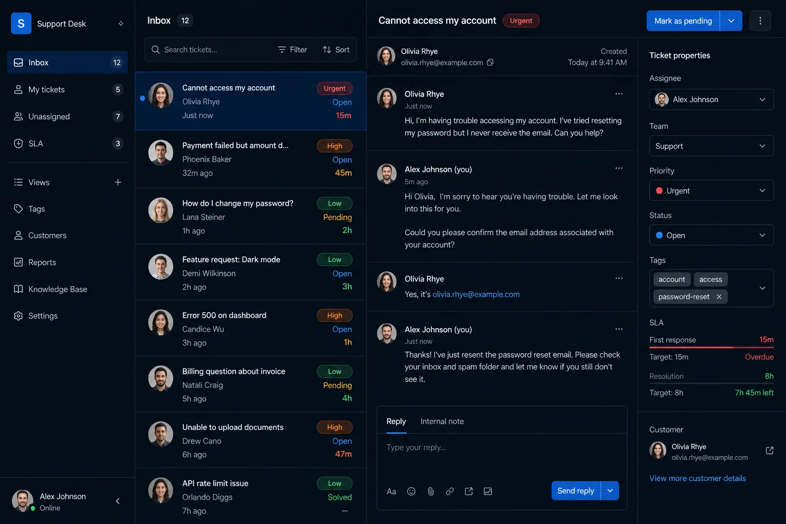 Mockup of a help desk with a ticket inbox, priorities, SLAs and a customer conversation.