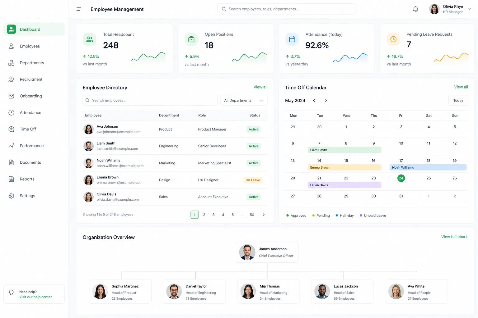 Mockup of an HR portal with an employee directory, time-off calendar and org chart.
