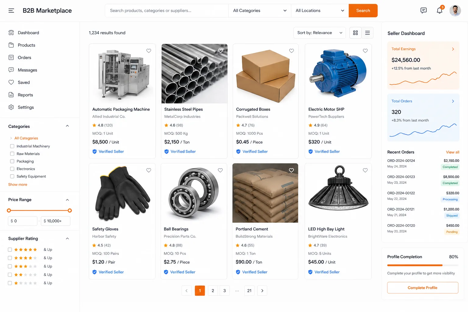 Mockup of a B2B marketplace with search, filters, product cards with ratings and a seller dashboard.