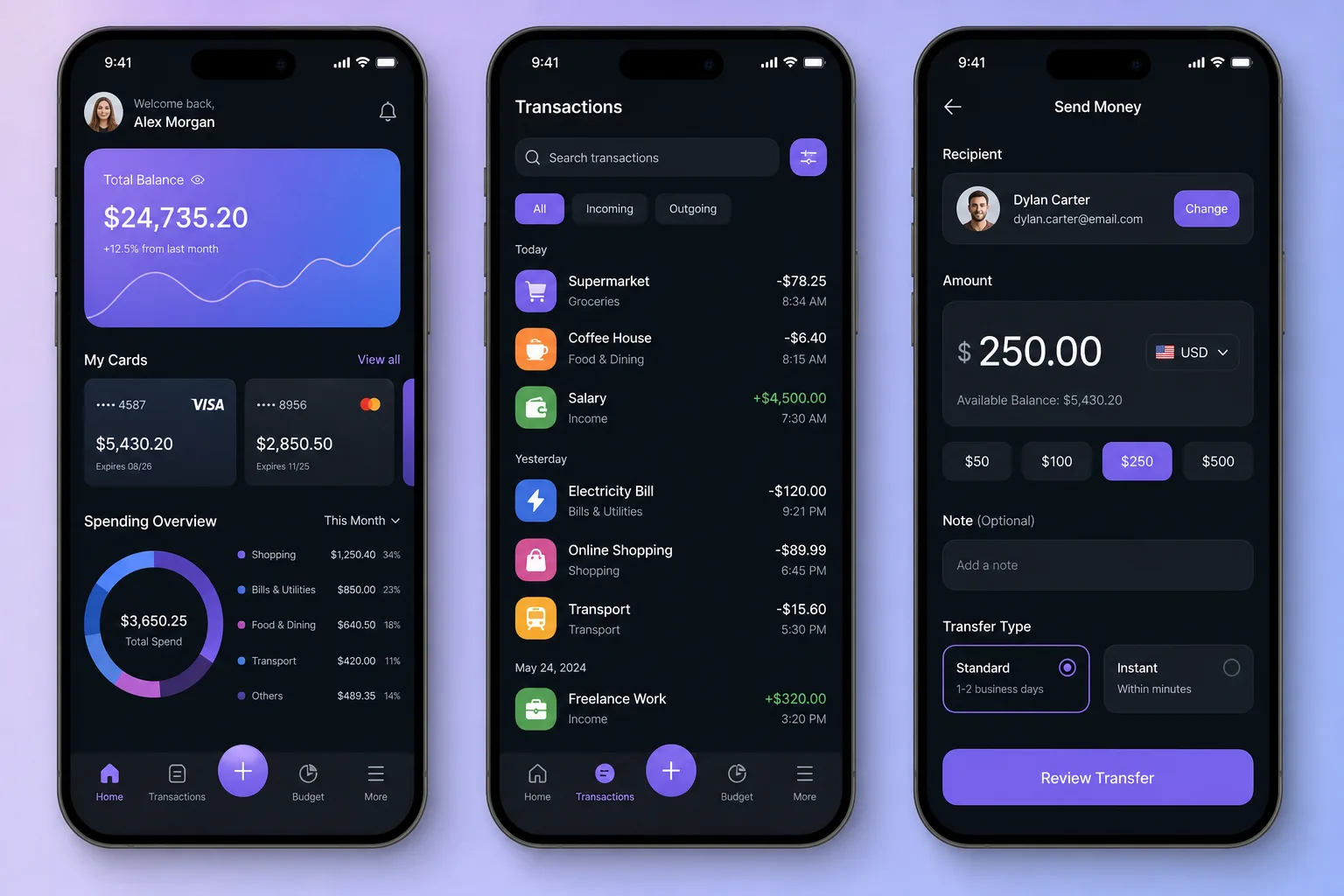 Mockup of a mobile app with three screens: balance, transactions list and send money.
