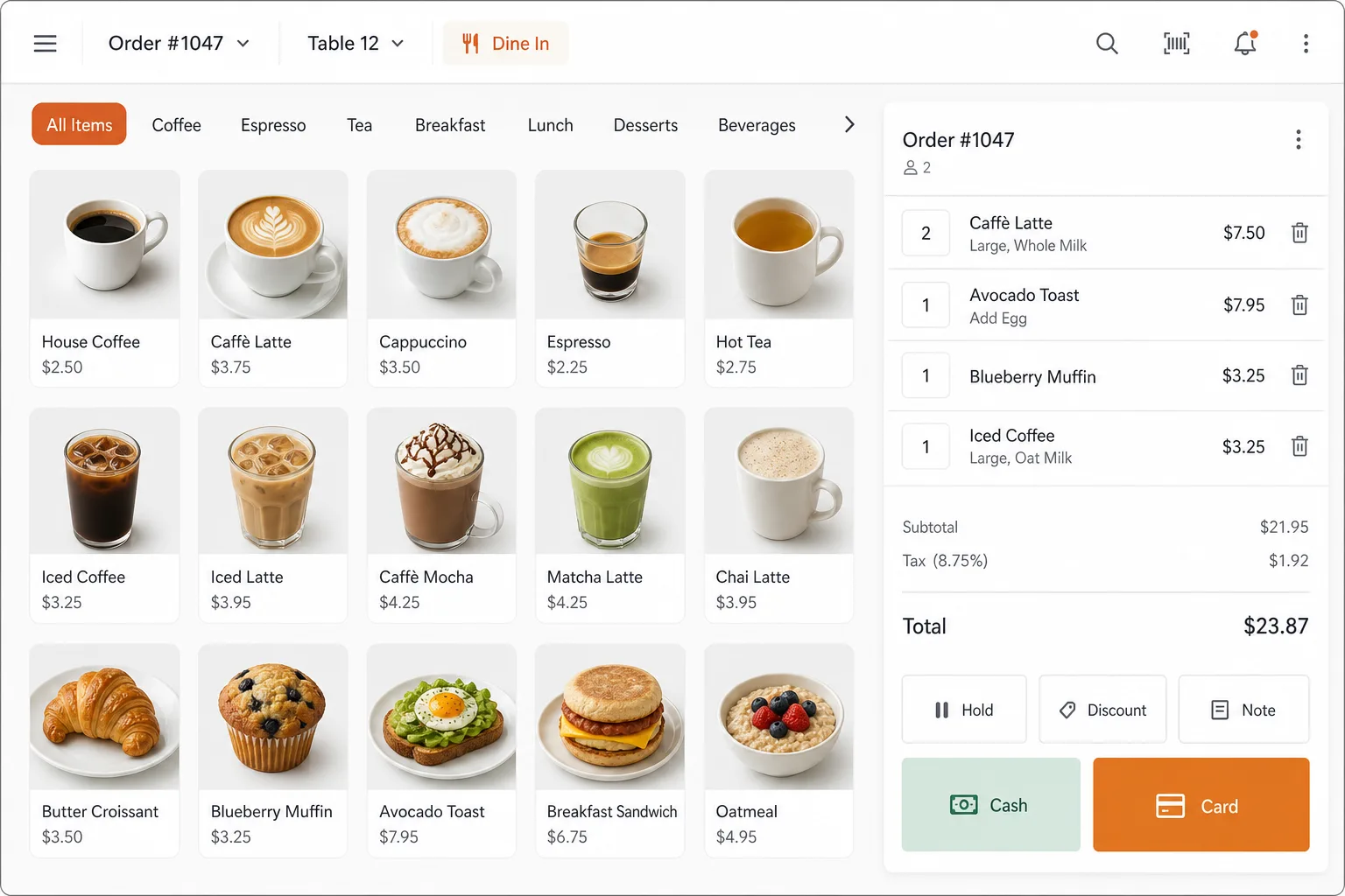 Mockup of a point-of-sale app with a product catalog by category, an order ticket and payment buttons.